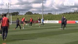 Manchester United's Nick Powell scores a belter in England U21s training