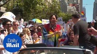 Kamala Harris dances and takes selfies with people at Pride in CA