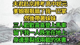 夫君赴京趕考 高中狀元，爹娘狠狠扇了我一巴掌，然後帶著妹妹，三人歡歡喜喜登上馬車，留下我一人跌坐在地上，身邊是裂成兩截的休書