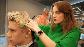 Private Haircut Session With Scissors by Ukrainian Lady Barber For Long Blonde