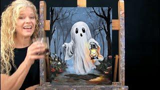 GHOST AND LAMP - Learn How to Draw & Paint with Acrylics - Easy Fun Halloween Paint and Sip at Home