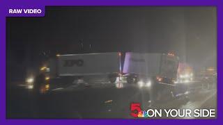 Raw video: overturned semi trucks on I-44 after tornadoes, heavy winds hit St. Louis area