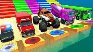 Monster Trucks Potholes Flatbed Long Trailer Truck Car Rescue - Cars vs Deep Water