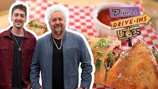 Guy and Hunter Fieri Eat Chicken Parm Stromboli | Diners, Drive-Ins and Dives | Food Network