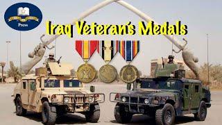 Veterans' Iraq Liberation Basic Medals for Army, Marines, Navy and Air Force with Awards Displays.