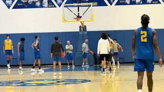 UCLA basketball practice featuring offensive drills, one-on-one on-ball defense