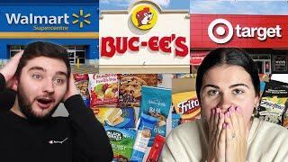 Brits Try Walmart, Target & Buc-ee's Snacks for the first time!