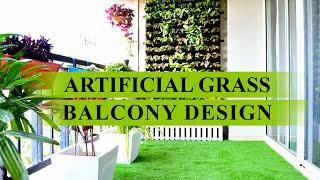 Artificial grass balcony design | Open balcony decorating ideas | Artificial green grass flooring