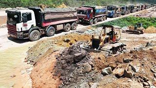 EP2 Great Land Reclamation Project Bulldozer KOMATSU Pushing Stone and Dirt Fills a Seaside Area