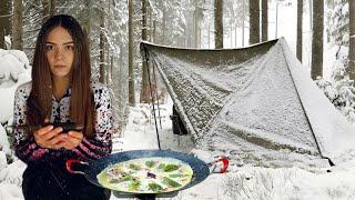 Camping in the RAIN & SNOW in Canvas HOT tent alone | Cooking in the woods | Winter ASMR