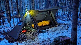 HOT TENT Winter Camping in Snow  - Warm & Cozy Inside with wood stove