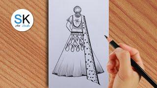 how to draw beautiful girl in Lahenga with pencil || sk art studio