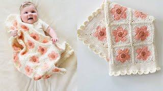 Crochet Desert Blush Field of Daisies Baby Blanket