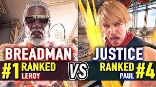 T8  BREADMAN (#1 Ranked Leroy) vs JUSTICE (#4 Ranked Paul)  Tekken 8 High Level Gameplay