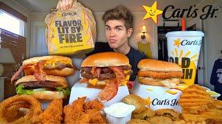 Smashing Carl's Jr. Burgers Mukbang! Bacon Burgers, Tenders, Onion Rings, Fried Zucchini +