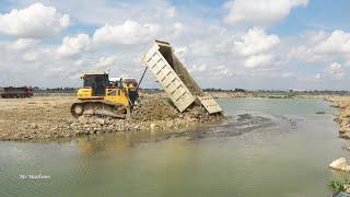 Great Processing ! Big Stronger Dozer Equipment Pushing Gravel Rock Filling Lake with Dump Truck