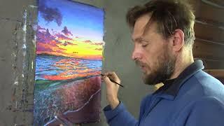 Процесс рисования картины "Закат над морем". Художник Валерий Рыбаков.