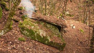 Hidden in the wild-Build in a big rock a warm and cozy shelter with fire inside to survive in winter