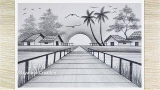 Sunset landscape drawing with pencil sketch, Pencil Drawing for beginners