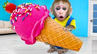 KiKi Monkey show World's Biggest Ice Cream Ever at swimming pool with Duckling | KUDO ANIMAL KIKI