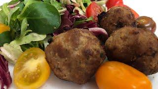 Greek Meatballs recipe, Κεφτεδάκια, meatballs, marinated and soaked in pesto. Greek  food recipe