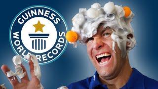 Most table tennis balls caught in shaving foam... on the head! | Guinness World Records