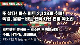 12/31) 또 샀다! 마스 비트 2,138개 추매! 독일, 홍콩- 비트 전략 자산 편입 목소리 비트코인 분석들 - 비슷한 프랙탈 상황 수이, HYPE, 제레브로