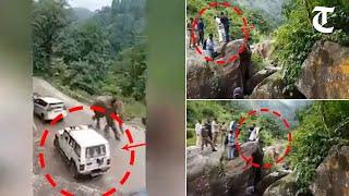 Former Uttarakhand CM Trivendra Singh Rawat climbs rock after elephant blocks his convoy