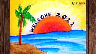 Happy New Year Scenery Drawing | New Year Card Drawing | New Year Sketch | New Year Drawing for Kids