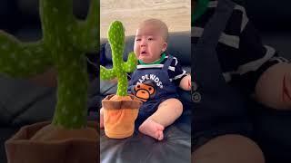 Cute baby crying with cactus