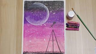 Easy Oil pastel art for begginers || Half moon telescope night Art || KK ARTS