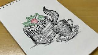 How to draw easy Mandala art of coffee cup and cake | Zentangle art | Doodle art | Easy drawing