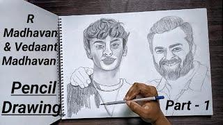 R Madhavan & R Madhava Son Vedaant Madhavan Sketch / Pencil Drawing