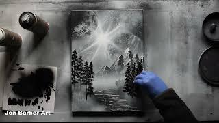 Landscape in Black and White - Mountains - Trees - Planets - Spray Paint Art