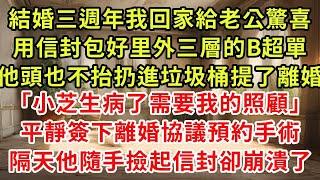 結婚三週年我回家給老公驚喜,用信封包好里外三層的B超單,他頭也不抬扔進垃圾桶提了離婚「小芝生病了需要我的照顧」平靜簽下離婚協議預約手術,隔天他隨手撿起信封卻崩潰了#復仇 #小說#爽文