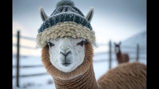 Lofi Chill Music, An alpaca in a snowy landscape with a snowcap on his head