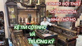 Combo nội thất cho nhà thờ họ Bộ bàn ghế Trường Kỷ gỗ Mun hoa và Tủ Kệ TiVi cột nho