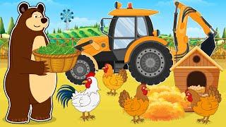 Working on the Farm: Tractor Backhoe Loader - Care and Feeding of Chickens | Vehicles Farm Animated