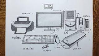 How to draw computer parts step by step so easy/ Computer parts drawing