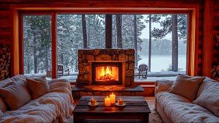 Winter Day in Cozy Cabin Ambience with Gentle Piano Music, Snowfall & Fireplace Sounds for Relaxing