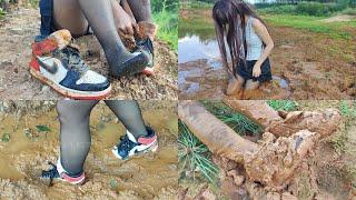 AIR JORAND Black toe sneakers and Black stockings wet and muddy!(88)(Full video 35min 40sec)