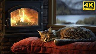 Relax with Purring Cat, Crackling Fireplace and Rain sound 4K  Sleep in Cozy Ambience