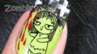 Halloween Nails Konad Stamping Nail Art Tutorial - Graveyard Zombie Girl Holiday Fun Cartoon Design