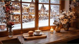 ️ Snowfall Winter Ambience at Cozy Coffee Shop with Smooth Winter Jazz Music for Relaxing, Study