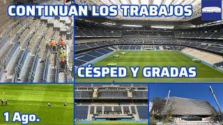 1 Ago. Continuan los trabajos en el nuevo césped del Bernabéu y en el cambio de asientos del 2º anf.