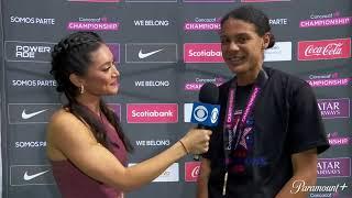 Alana Cook talks with @jennyachiu after winning the @ConcacafW Championship. 