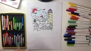 Hello everyone, today I will color the picture of boats next to the lighthouse.