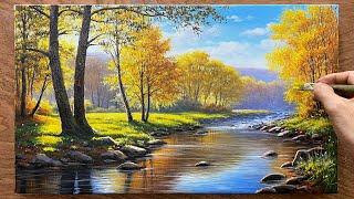 How to paint a golden autumn forest landscape / Beautiful autumn landscape painting / A Lu Art.