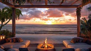 Watch The Golden Sunset In Cozy Beach Porch | Tropical Beach Waves & Crackling Fire Sound, Relax