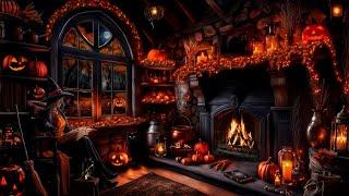 COZY WITCH HALLOWEEN COTTAGE AMBIENCE-JACK-O-LANTERNS-CRACKING FIREPLACE-GHOSTS-FALLING LEAVES